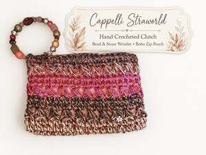 Cappelli Straworld Crochet Straw Clutch Beaded Wristlet Boho Purse Bag 9”x6.5”